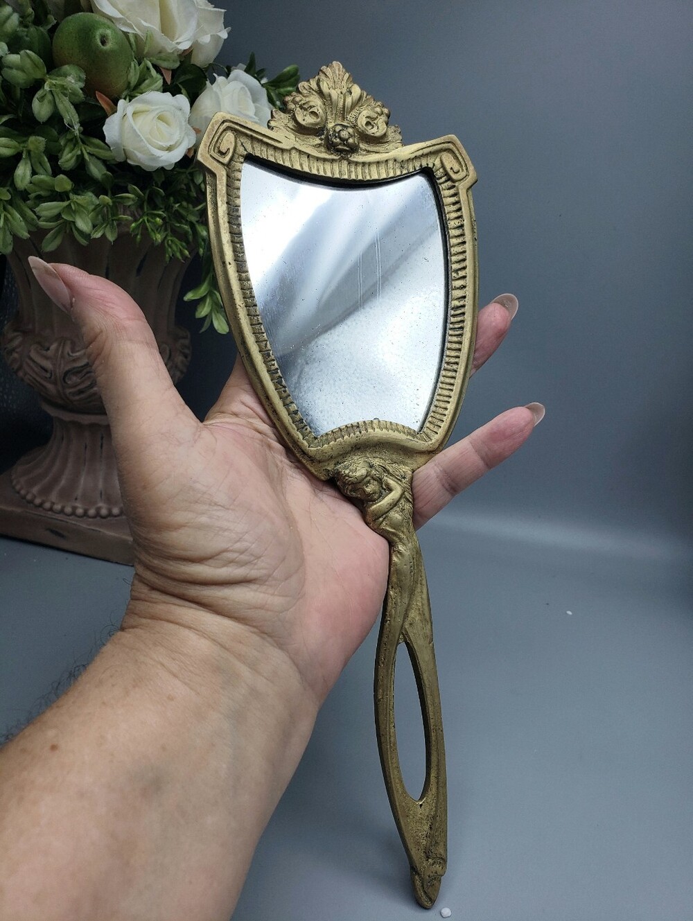 Vintage Brass Art Deco Nouveau Vanity Cosmetic Mirror- Nostalgic Feminine 10 x 4